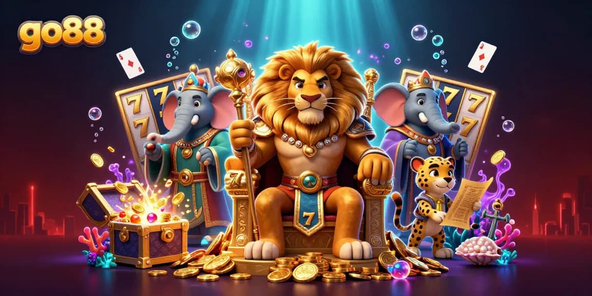 Engage in thrilling slots action at go88 with a majestic lion king surrounded by casino elements.