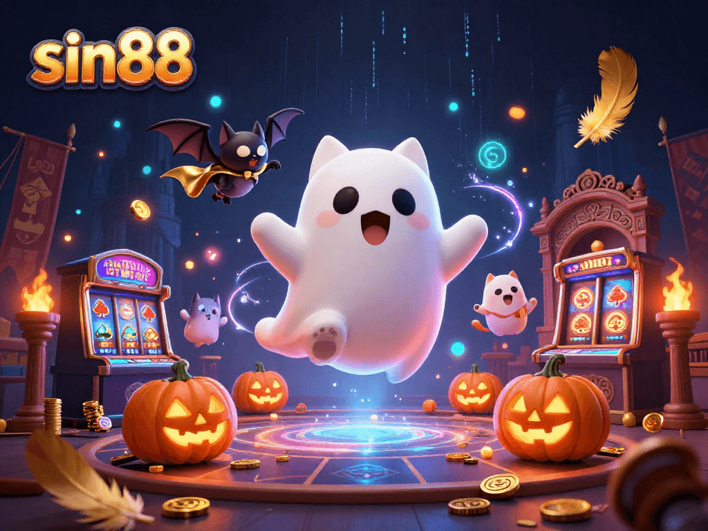 Experience thrilling moments at sin88 with a ghost cat and vibrant casino elements.