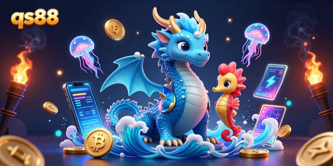 Engage with qs88's vibrant underwater world of prizes, featuring a water dragon, jellyfish, and neon crypto coins.