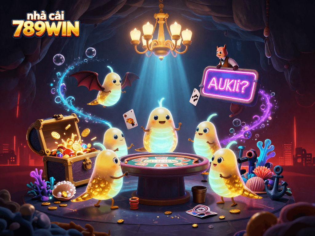 Experience the excitement with nhà cái 789WIN in a vibrant cave casino illuminated by glowworms and dynamic game elements.