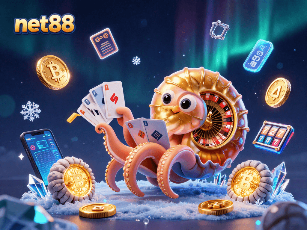 Experience net88's thrilling casino world with vibrant characters and crypto elements.
