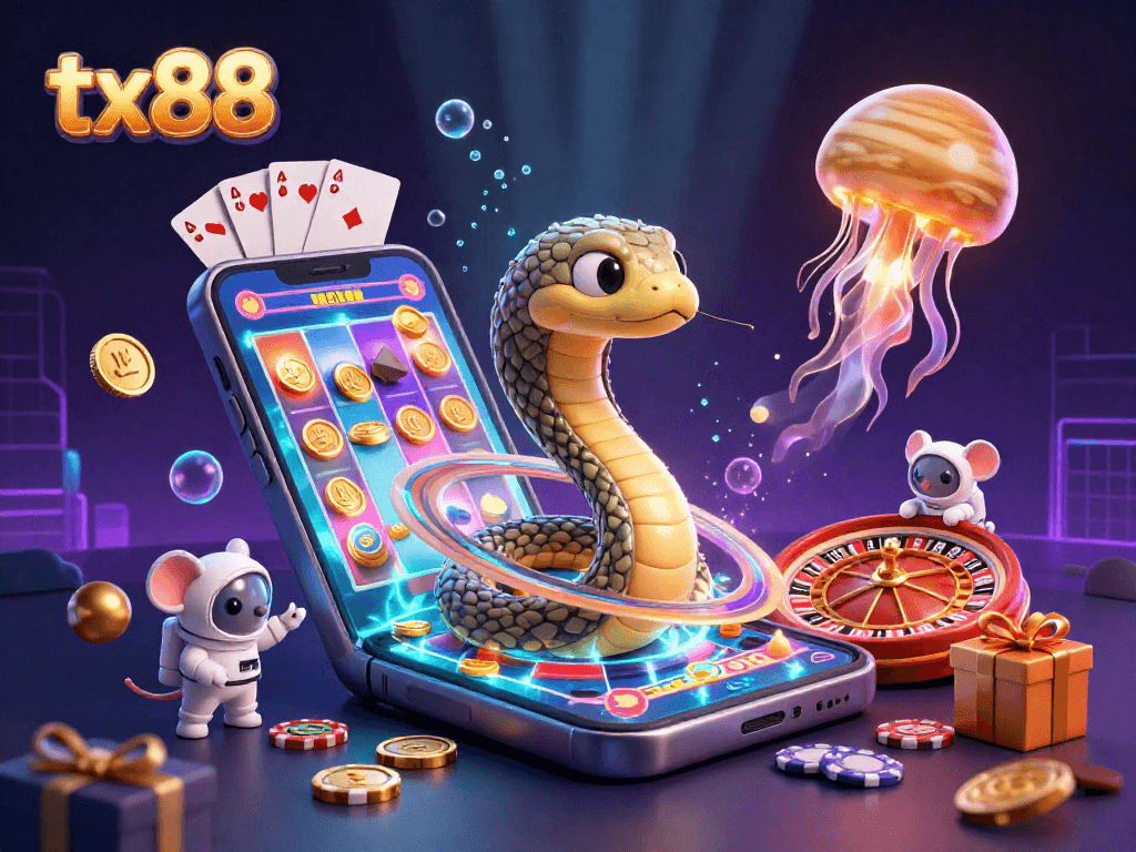 Experience vibrant casino thrills with tx88, featuring astronaut mice betting on a dazzling roulette wheel.