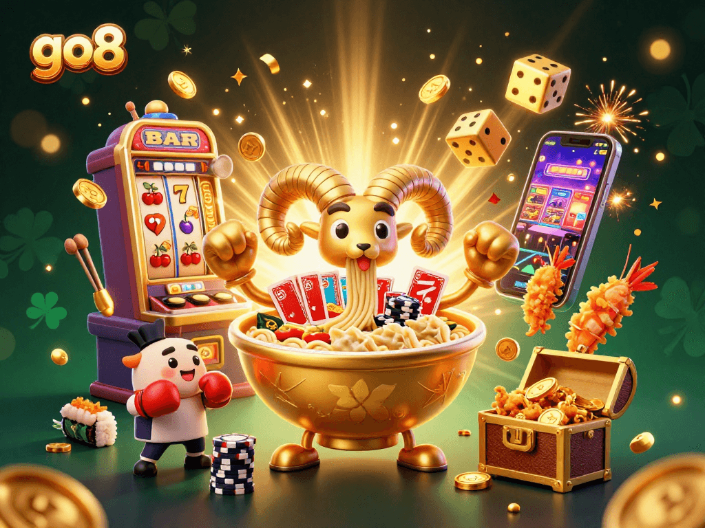 Join the excitement at go8 with dynamic 3D characters celebrating casino winnings among vibrant gambling symbols.