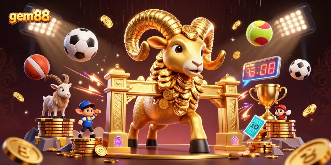 Experience gem88's thrilling gaming world with a dynamic scene of a golden ram and sports elements.