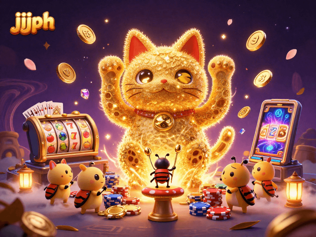Ang jjjph ay nagtatampok ng mayayamang simbolo ng casino na may mga nagliliyab na ilaw at masayang karakter.