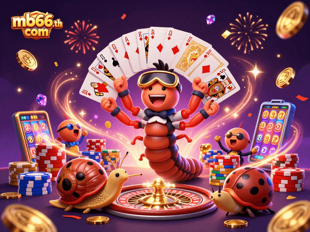 Experience thrilling gameplay at mb66-th com with a cartoon millipede dealer and exciting casino elements.