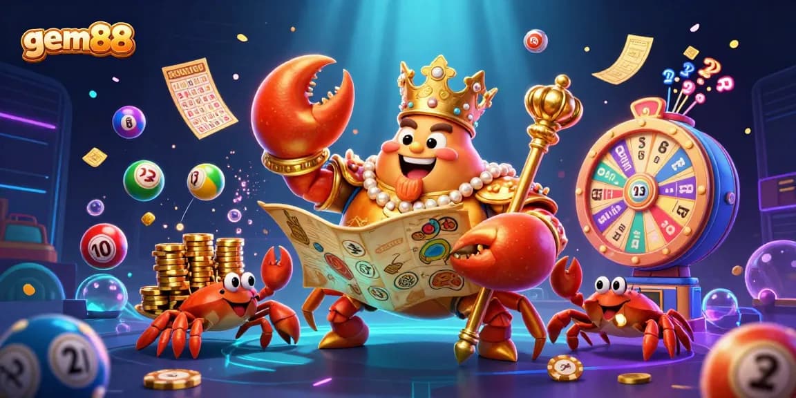 Experience the excitement of gem88 with a vibrant casino scene featuring a golden crab emperor and lottery elements.