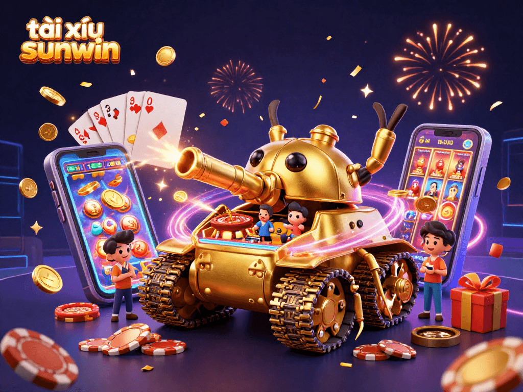 Play exciting tài xỉu sunwin with a vibrant cartoon casino scene full of energetic gameplay.
