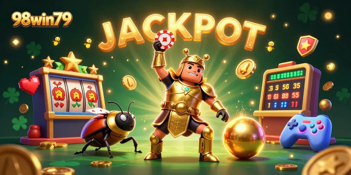 Engage in thrills with 98win79 as a victorious beetle lifts the poker chip, celebrating jackpot moments amidst vibrant casino elements.