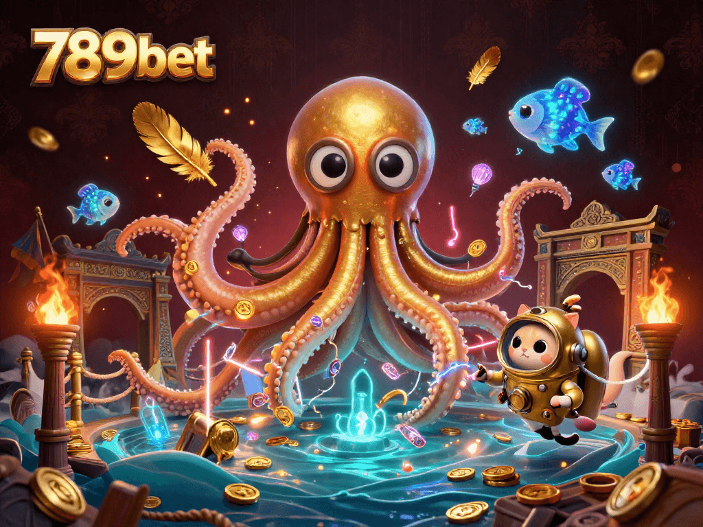 Experience thrilling casino action with 789bet featuring a colossal kraken and diving cat.