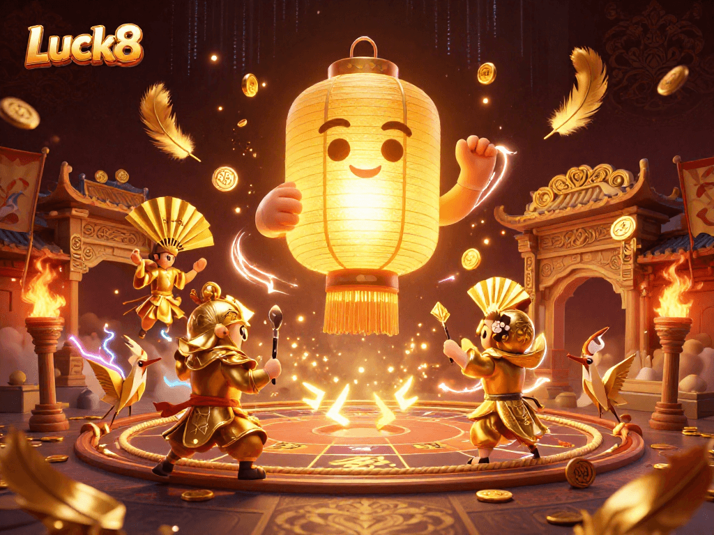 Catch the Luck8 excitement with golden lantern spirits in a vibrant casino scene.