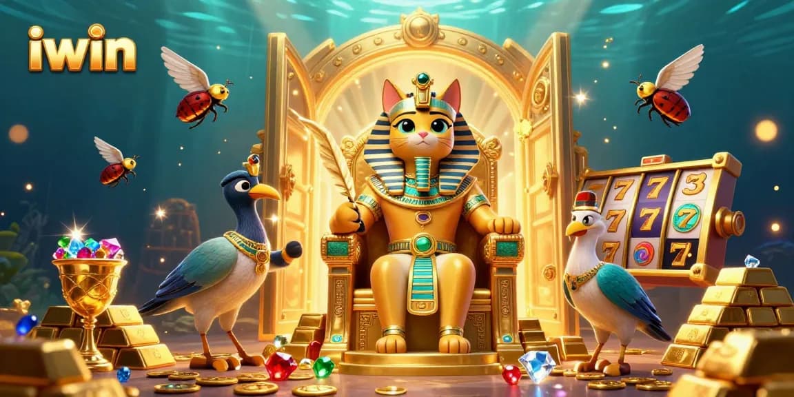 Experience the vibrant iwin casino world with a cartoon Egyptian pharaoh cat and lavish treasures.