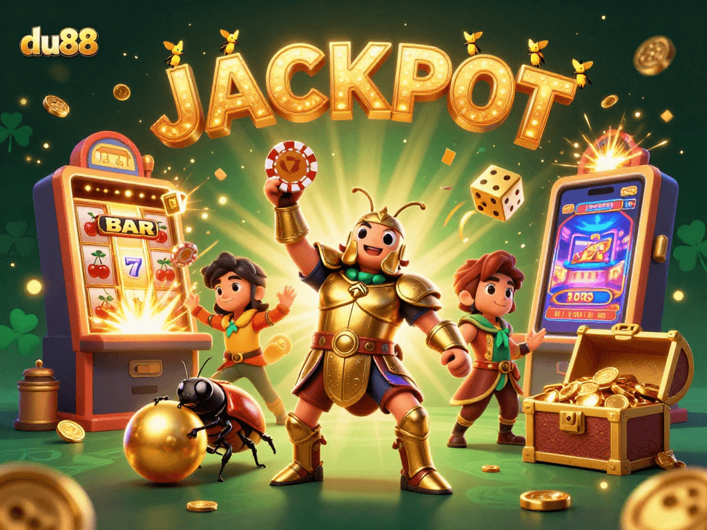 du88 jackpot scene with vibrant characters celebrating wins at a dynamic casino