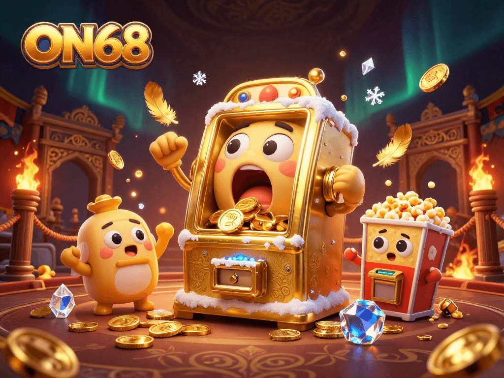 Experience the excitement of ON68 as the lucky slot machine hits the jackpot amidst a celebration of coins and cheers.