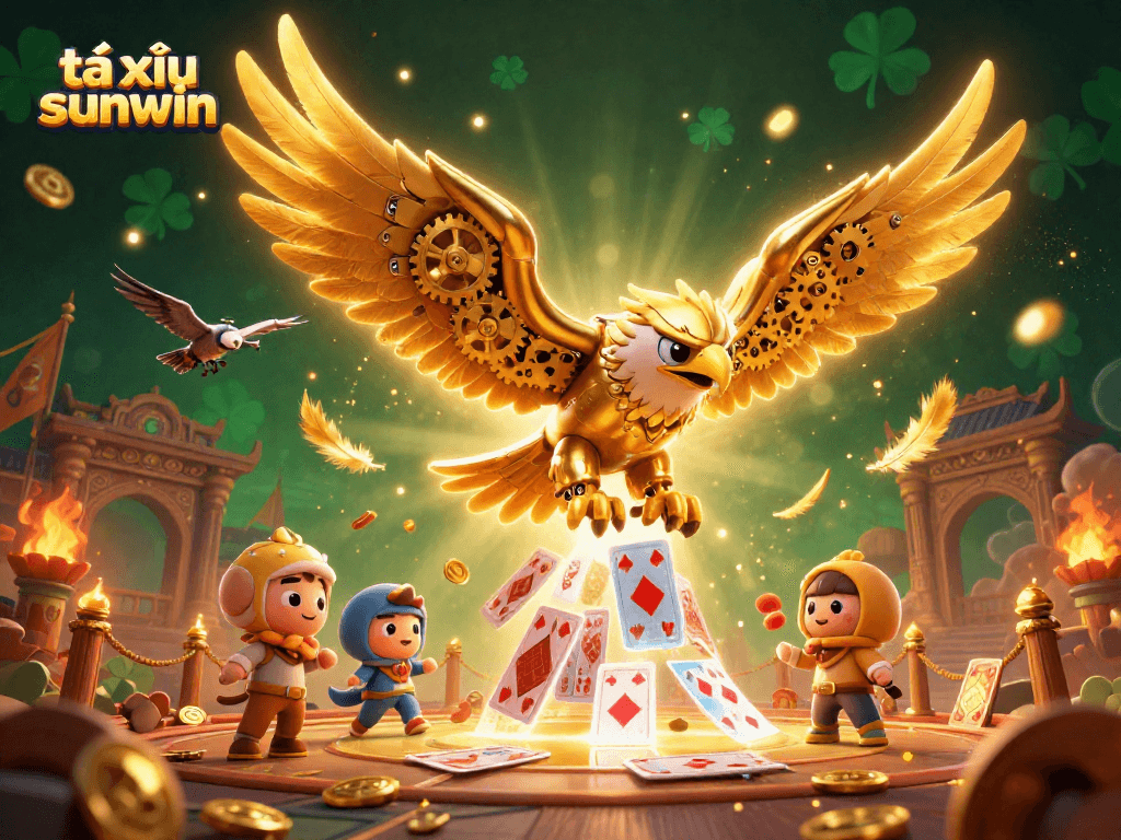 Engage in action with tài xỉu sunwin amidst swirling golden feathers and holographic cards.