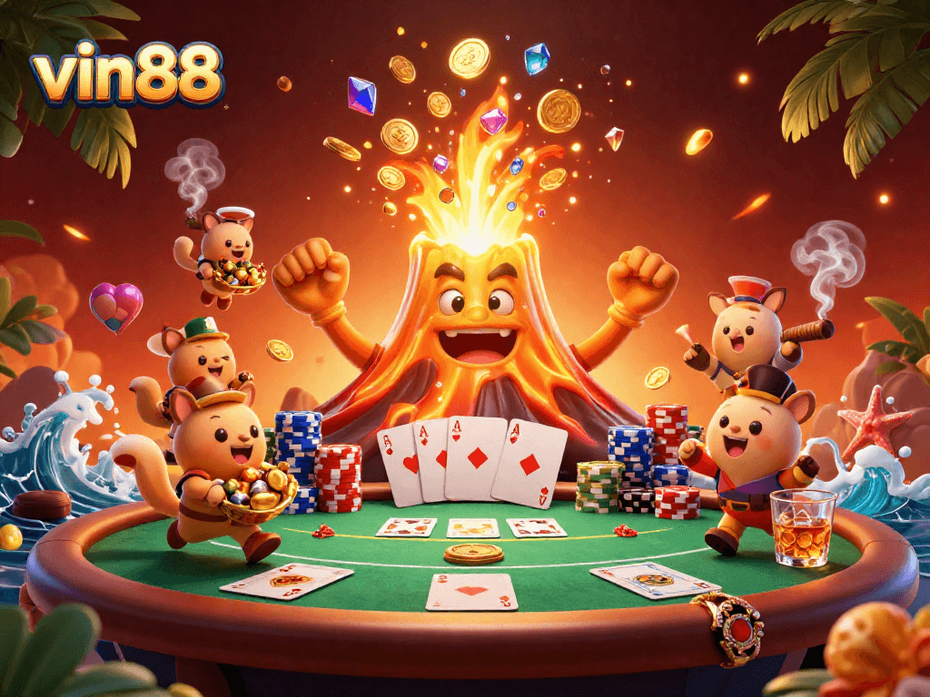 Engage with vin88's vibrant casino experience featuring a volcano and poker elements.