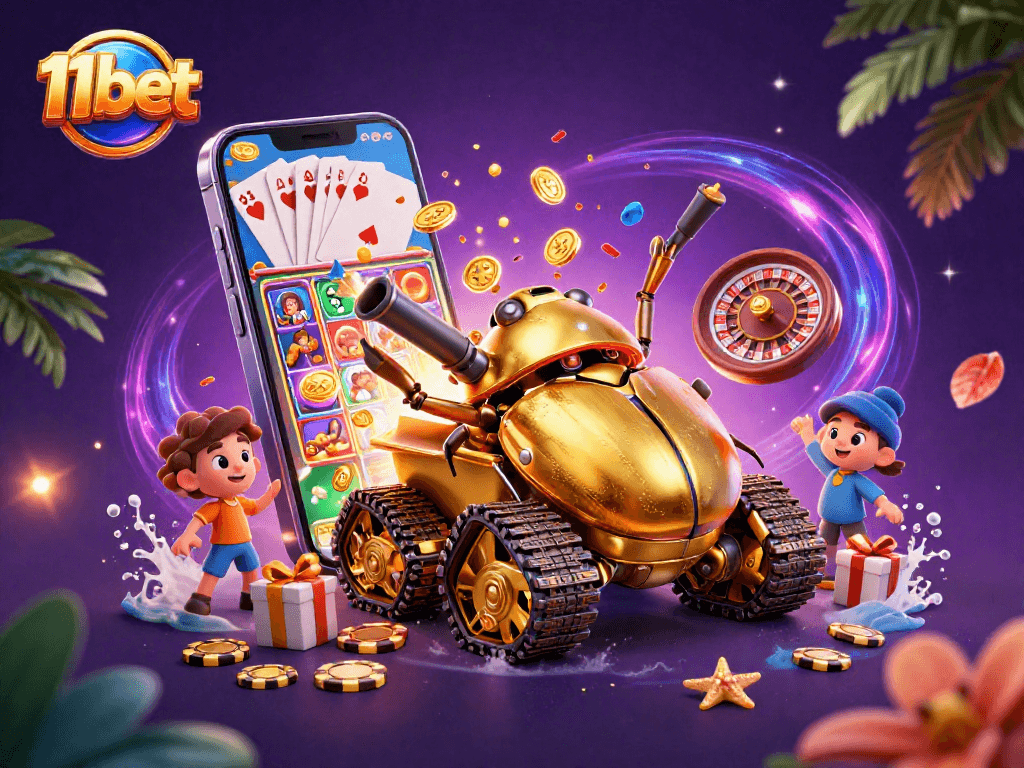 Engage with 11bet in a vibrant 3D casino world featuring a golden beetle tank and dynamic game elements.