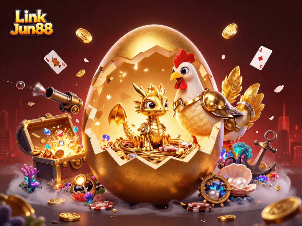 Experience the thrilling action at Link Jun88 with a vibrant, colorful casino illustration.