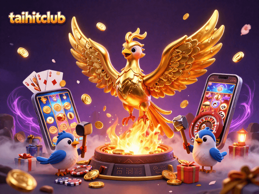 Discover taihitclub's vibrant 3D casino scene with golden phoenix, dynamic slots, and gaming elements.