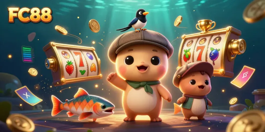Experience thrilling gameplay at FC88 with a rich 3D illustration of slot games, gold coins, and lively characters.