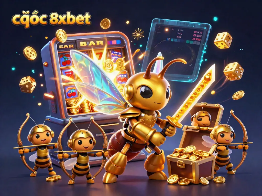 Engage with the exhilarating world of cược 8xbet through a vibrant, dynamic digital illustration full of casino-themed elements.