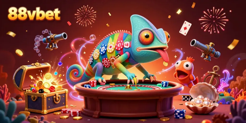 Experience the thrilling world of 88vbet with a vibrant casino scene featuring a chameleon owner and dynamic game elements.