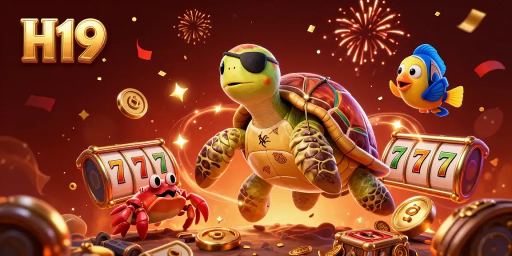 Experience the vibrant H19 online casino with a cartoon pirate turtle and friends surrounded by slot machine elements.