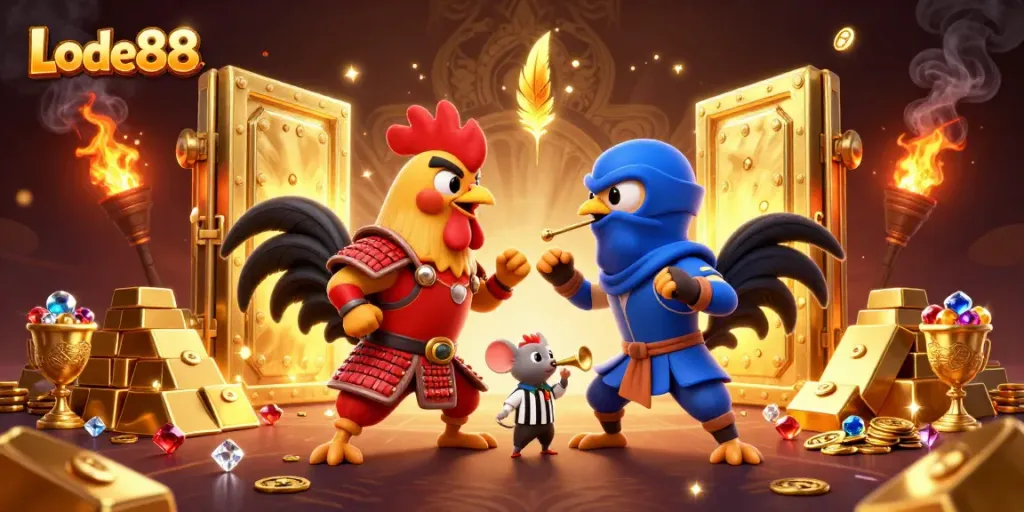 Lode88 offers thrilling standoffs in a 3D animated rooster battle amidst golden treasure and jewels