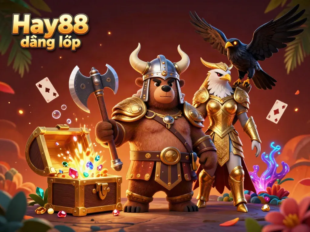 Experience the excitement of Hay88 đăng nhập with a vibrant 3D casino scene featuring dynamic characters and treasures.