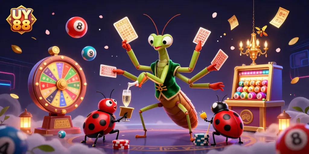 Experience the thrilling world of UY 88 with a lively casino scene featuring vibrant characters and gaming elements.