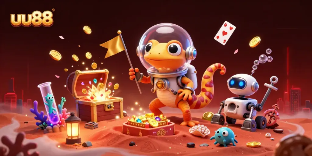 Engage in thrilling gameplay at uu88 with vibrant casino excitement, showcasing a Martian gecko and a gold casino.
