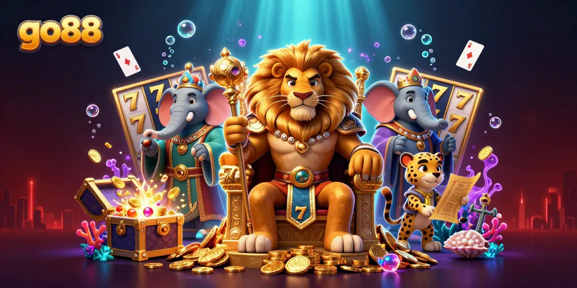 Engage in thrilling slots action at go88 with a majestic lion king surrounded by casino elements.