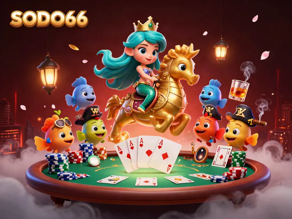 SODO66 casino adventure featuring a mermaid princess and vibrant poker elements in a dynamic underwater scene.