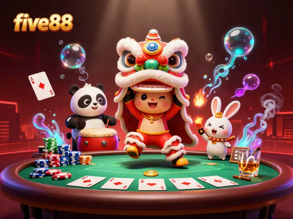 Experience the excitement of five88 gaming with vibrant 3D illustration featuring lively casino elements.
