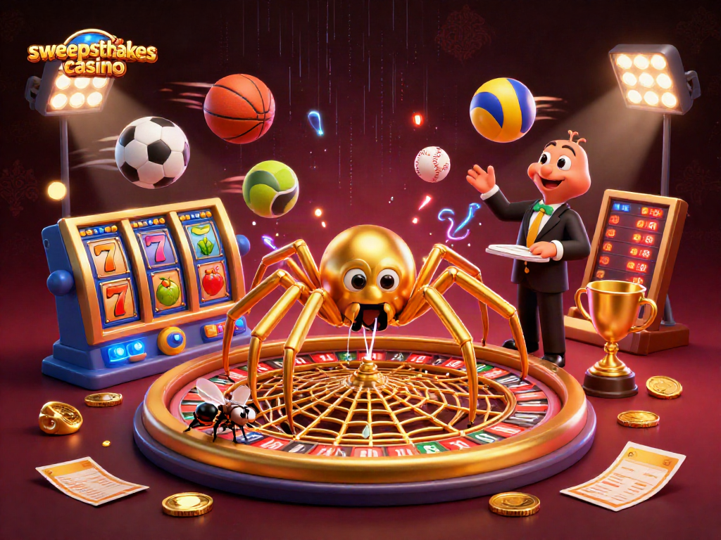 Engage with the sweepstakes casino featuring a cartoon spider and centipede on a spinning roulette wheel.