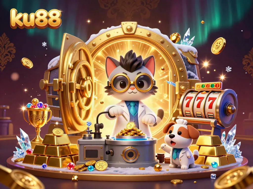Betting enthusiasts engage with ku88's innovative gold-replicating machine in a vibrant casino.