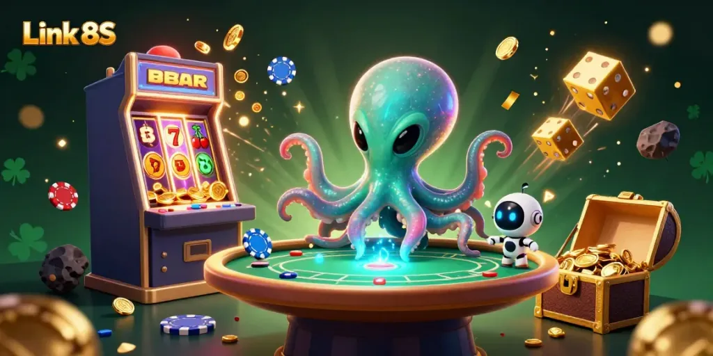 Experience thrilling gameplay with Link 8S in a dynamic alien casino setting full of energy.