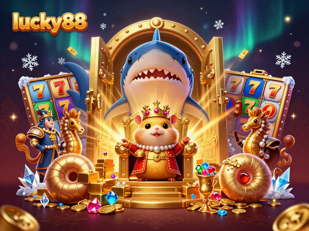 Experience dynamic gameplay with lucky88 featuring a tiny hamster king on a giant shark tooth throne, surrounded by riches.