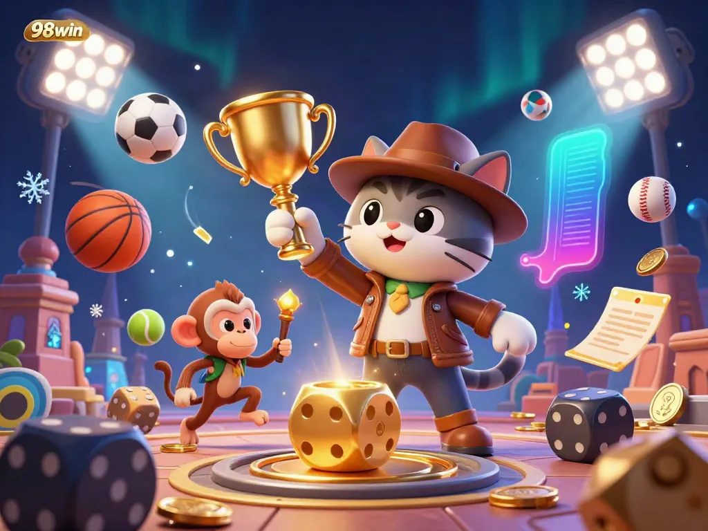 Experience the excitement of 98win's gaming realm with dynamic sports elements and a daring explorer discovering casino treasures.