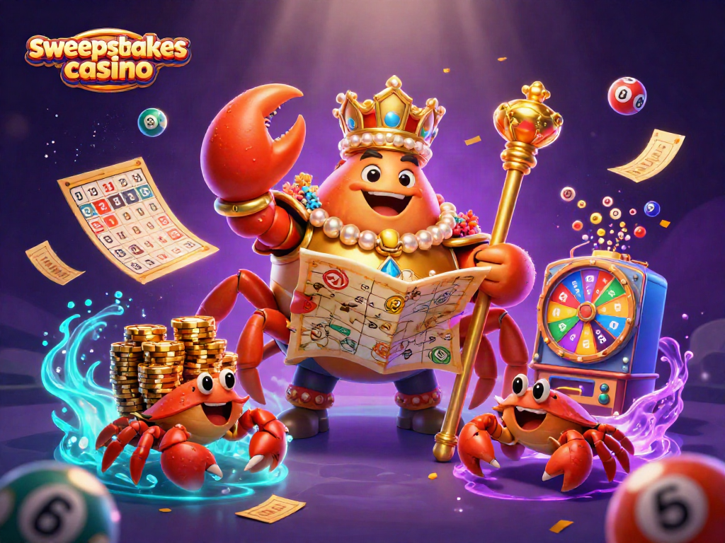 Sweepstakes casino vibrant scene with a golden crab emperor, lottery elements, and glowing underwater effects.