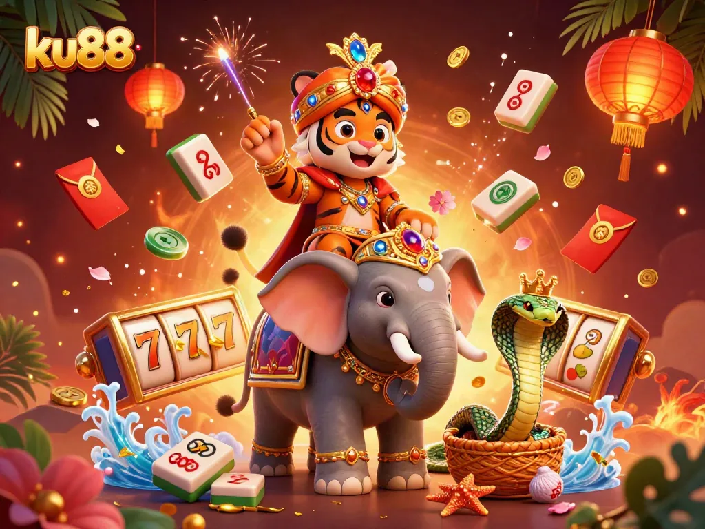 ku88 gaming scene with a vibrant maharaja tiger and rich casino elements