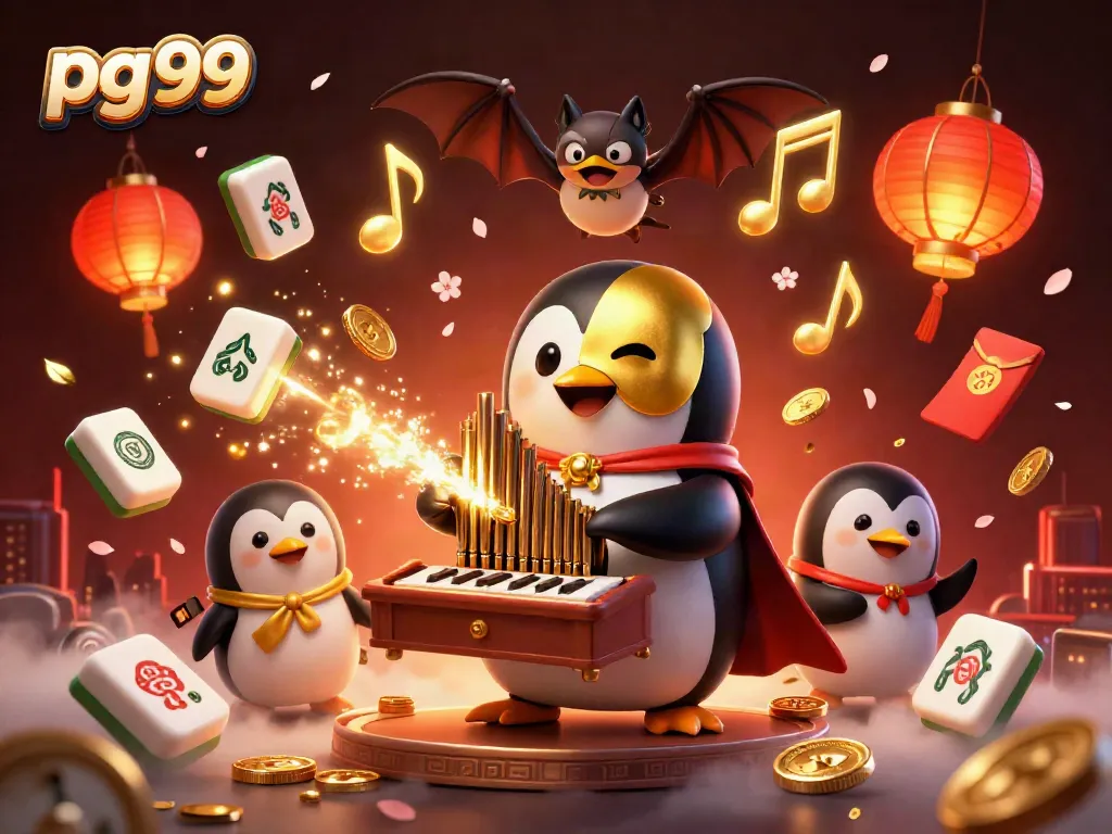 Play and win with pg99, featuring a phantom opera penguin and casino elements in a captivating scene