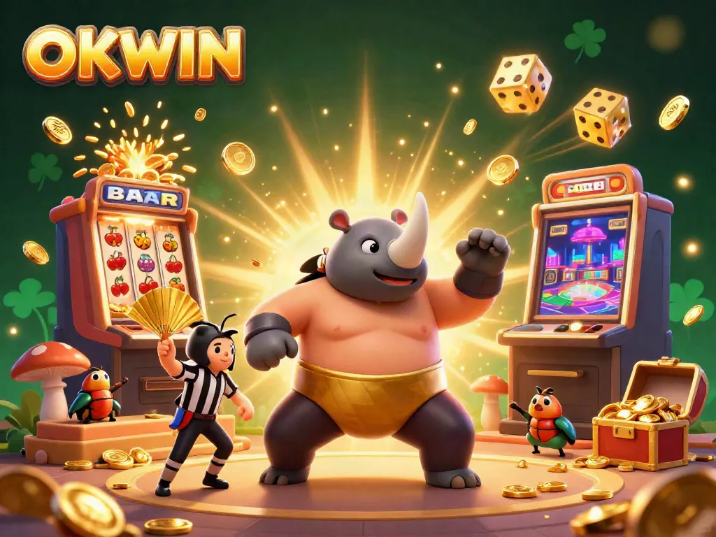 Experience the thrilling action with OKWIN's vibrant casino scene featuring a beetle champion celebrating a jackpot.