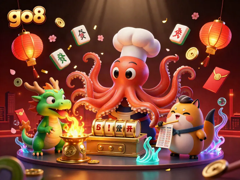 Engage with go8's dynamic gaming scene showcasing a sushi chef octopus and dragon amid slot reels.