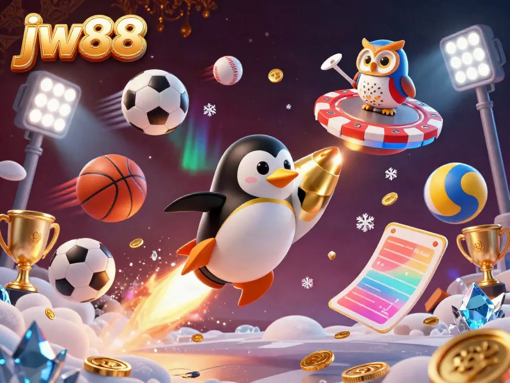 Engage with jw88 while enjoying vibrant casino adventures, led by a playful golden penguin through a stellar scene.