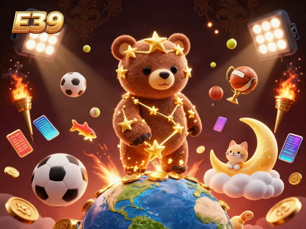 E39 offers thrilling betting experiences with a constellation bear scooping gold coins and dynamic sports elements.
