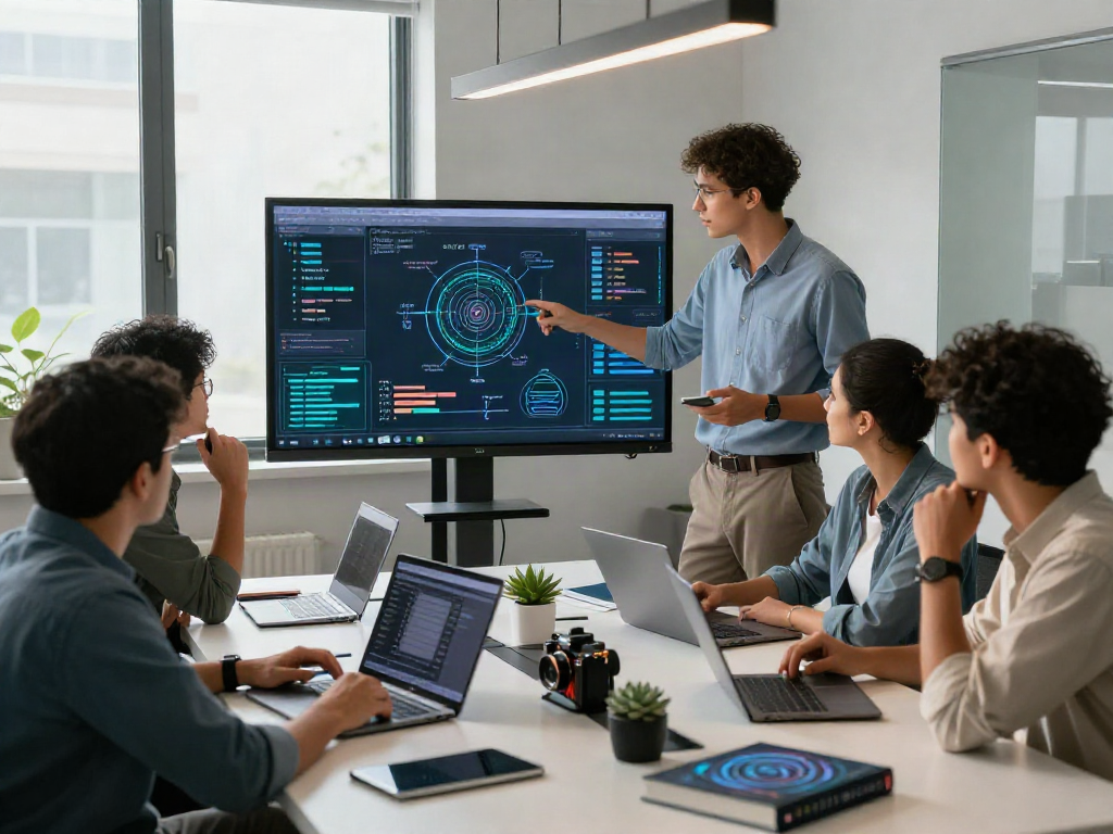 Team collaborating on AI 18+ project in modern workspace, laptops and data visuals around.