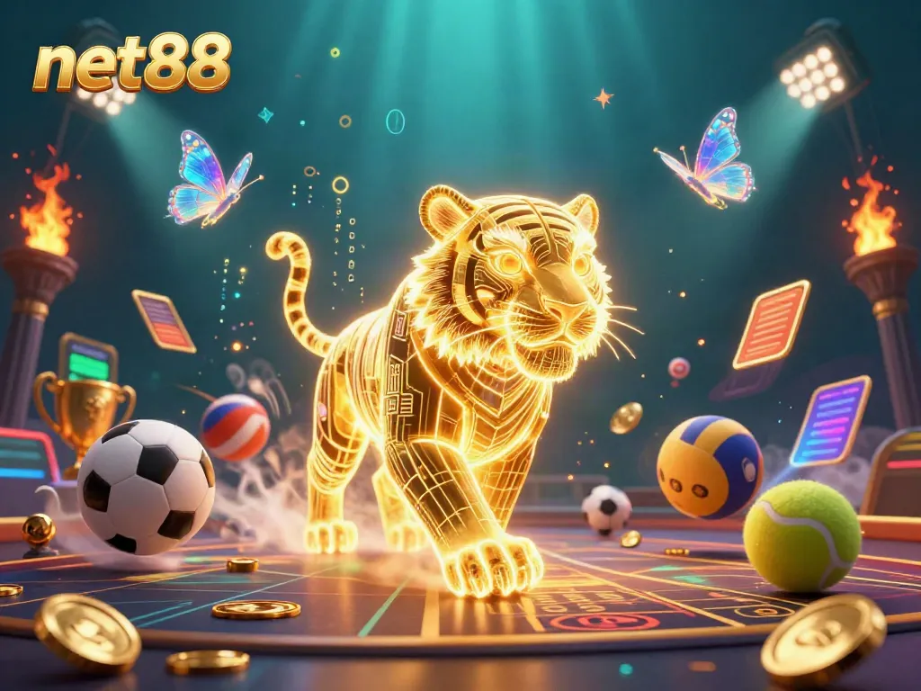 Experience thrilling gaming action with net88's vibrant digital landscape featuring a golden tiger and sports elements.