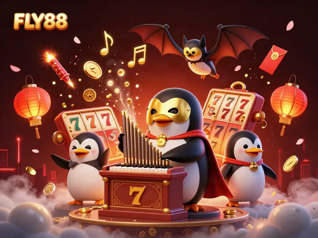 Experience the excitement of FLY88 with vibrant slot reels and animated characters in an enticing casino scene.