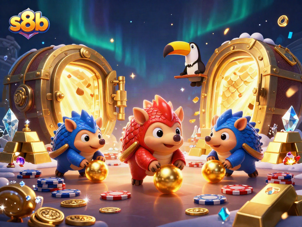 Engaging scene of rival pangolins at the s8b casino, rolling poker chips and gold.